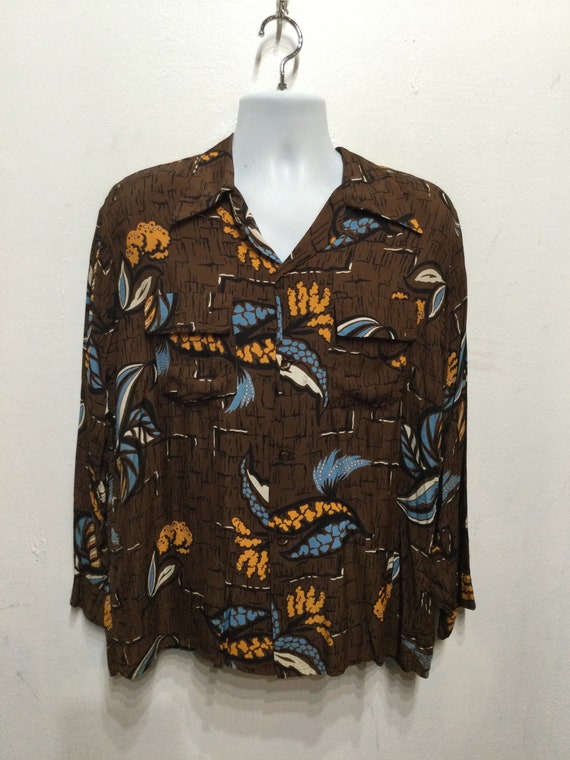 Vintage 1940s/50s Rayon Long Sleeve Hawaiian Shirt by Sportop 