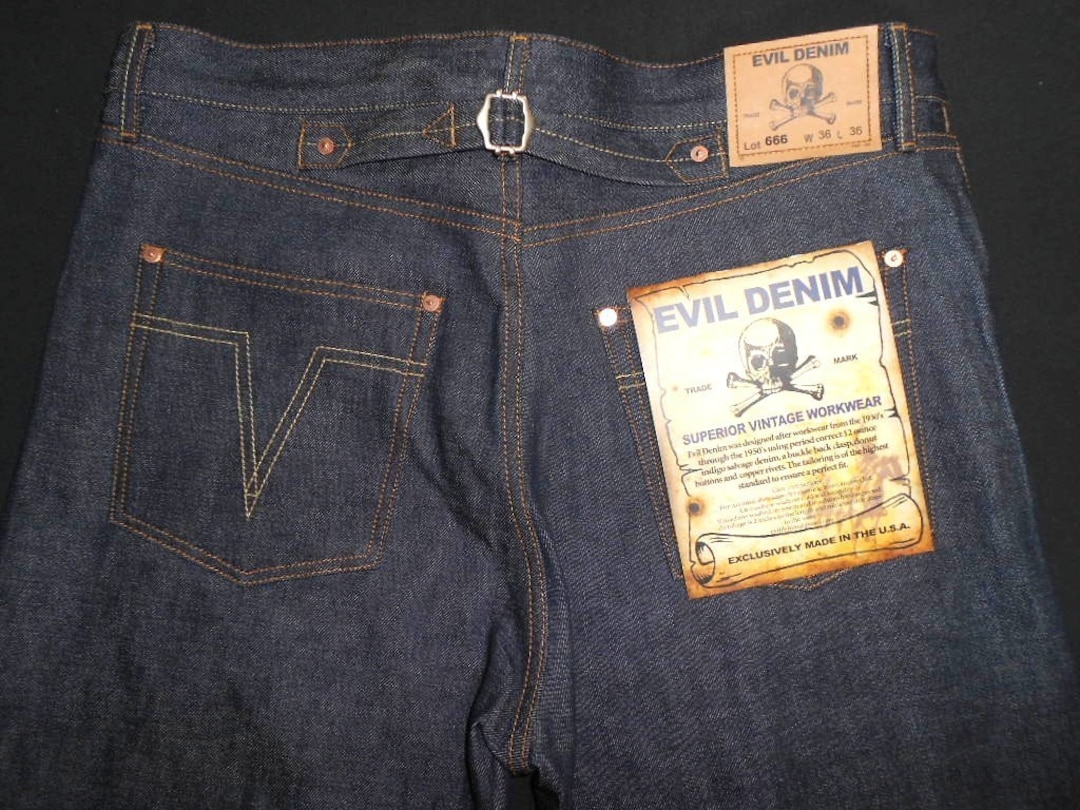 Superior 1930's VINTAGE REPRODUCTION Buckle Back Jeans by Evil Denim  Available in 30,w 32w 34w 36w 38w 40w 42w 44w 46w Waist 