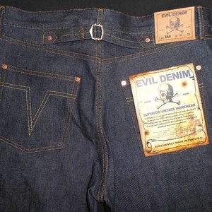 Superior 1930's VINTAGE REPRODUCTION  Buckle Back Jeans by Evil Denim Available in 30,w 32w 34w 36w 38w 40w 42w 44w 46w waist