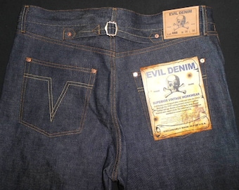 Superior 1930's VINTAGE REPRODUCTION  Buckle Back Jeans by Evil Denim Available in 30,w 32w 34w 36w 38w 40w 42w 44w 46w waist