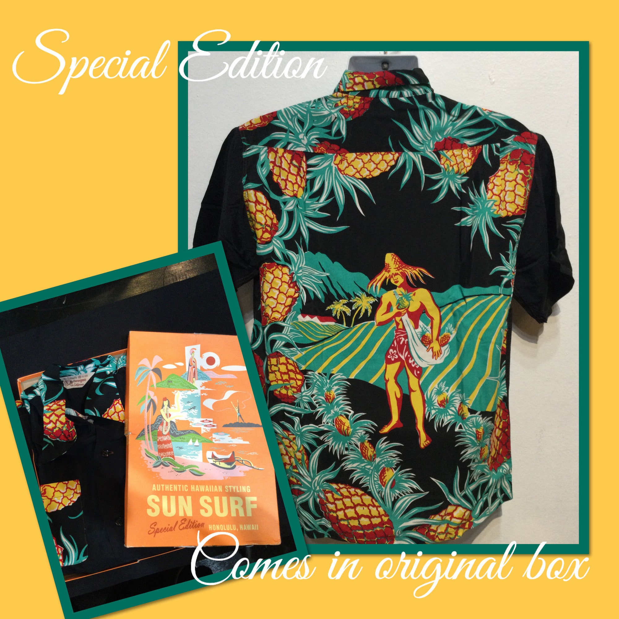 Discover 1940s vintage reproduction rayon Sun Surf new/unworn out of print design Hawaiian shirt