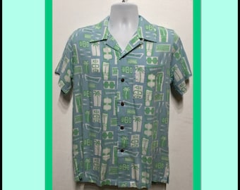 Americana 1950s style rayon atomic print "Tiki / Hawaiian" shirt by Atomik Tiki!!