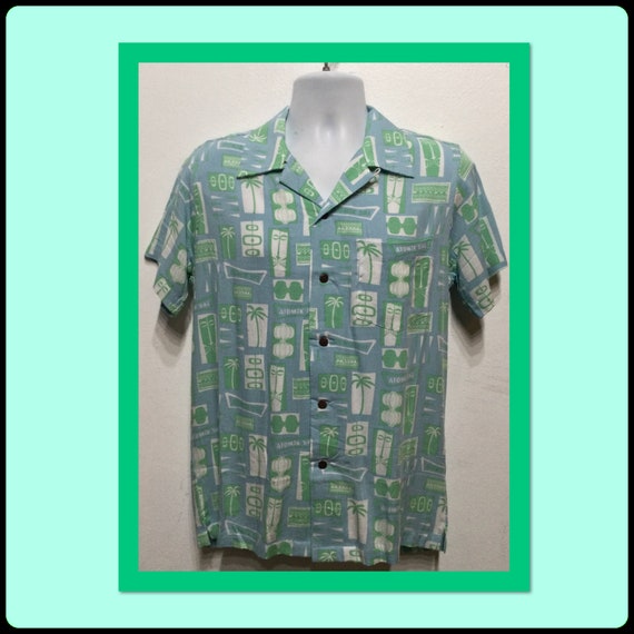 50s rayon shirt atomic 絣 Groovin High 1950s Blue Rayon Atomic Shirt Made in Japan