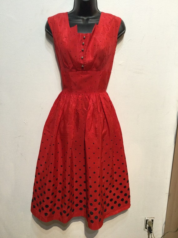 Vintage 1950s red acetate dress with polka dot ve… - image 10
