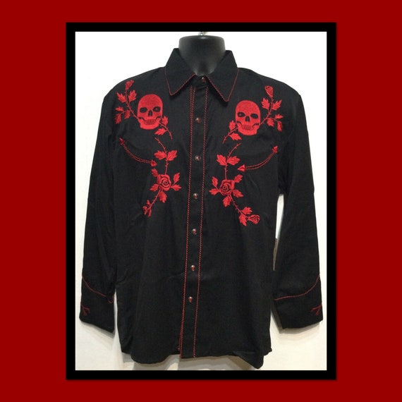 Vintage reproduction embroidered skull western sh… - image 1