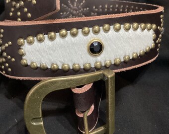 T013 1940's Style Brown Leather Gold Tone Studded Rockabilly
