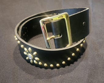 J066 1940's Style Black Leather Gold Studded Rockabilly Western