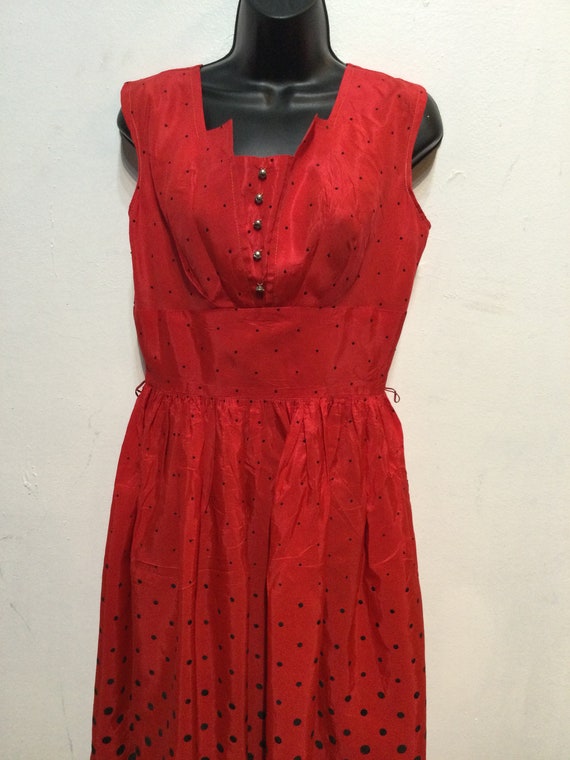 Vintage 1950s red acetate dress with polka dot ve… - image 5