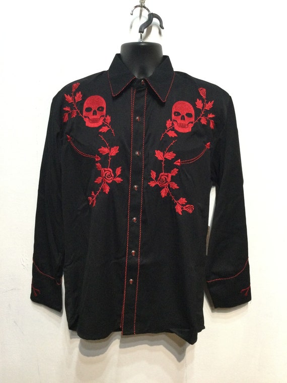 Vintage reproduction embroidered skull western sh… - image 2