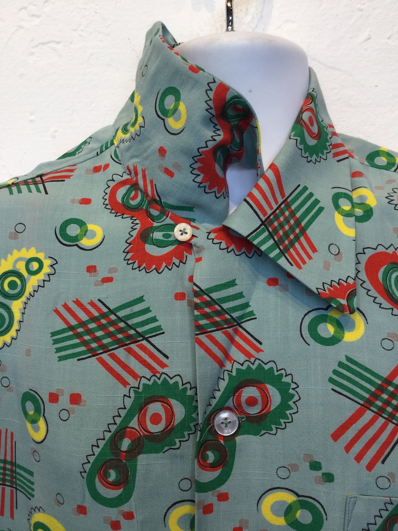 1950s vintage reproduction Hollywood Rogue rayon atomic print shirt made from original 1950s fabric Only one made