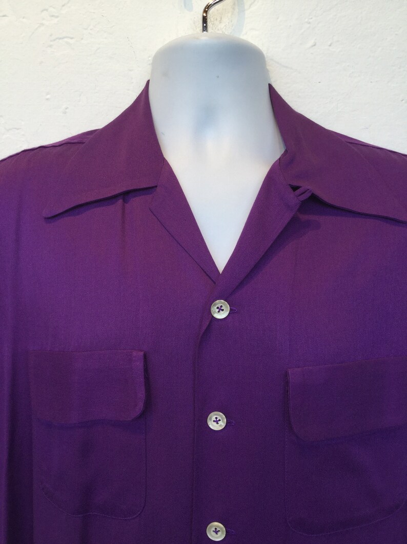 Available in X large 1950s vintage reproduction Hollywood Rogue purple rayon gabardine shirt