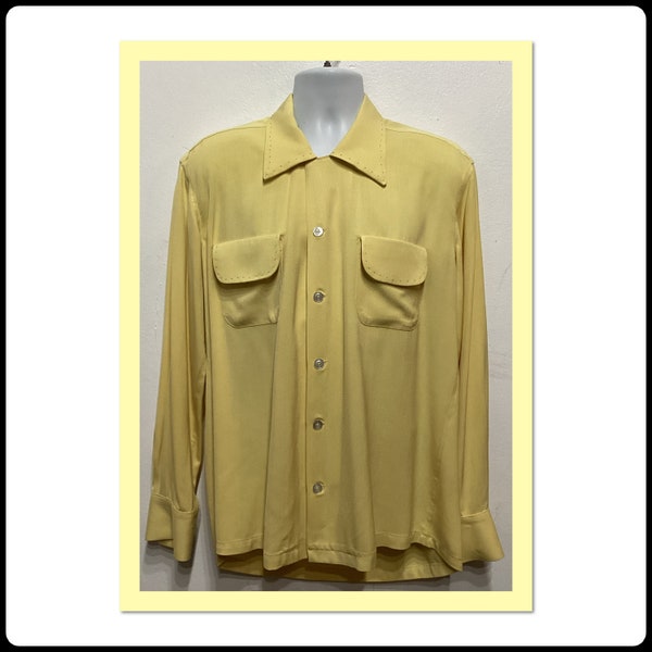 1950s vintage reproduction light yellow gabardine shirt with top stitching by Hollywood Rogue