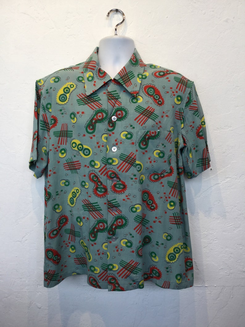 1950s vintage reproduction Hollywood Rogue rayon atomic print shirt made from original 1950s fabric Only one made