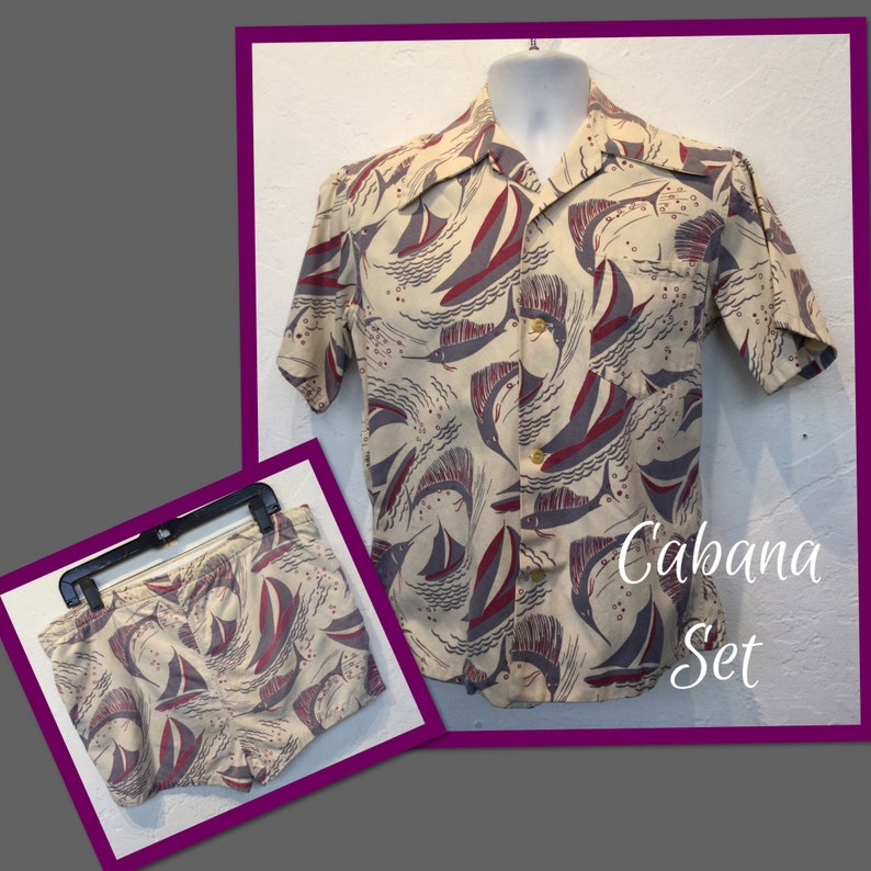 Vintage 1940s fish print 2-piece cabana set