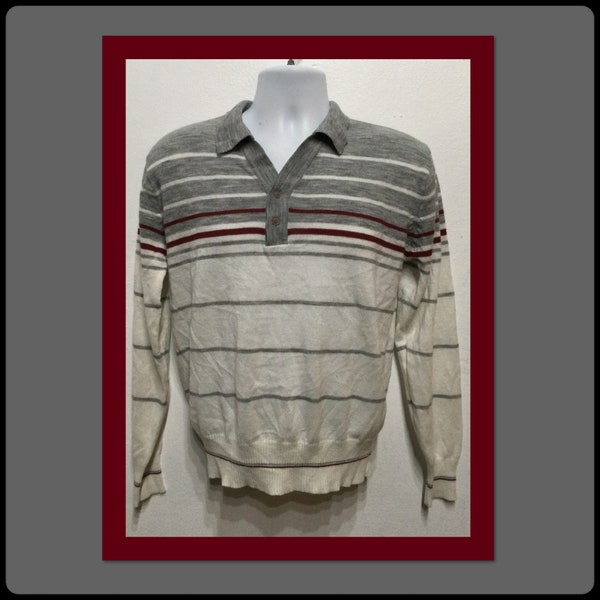 Vintage tri tone long sleeve banlon style knit shirt by Trent. Size medium