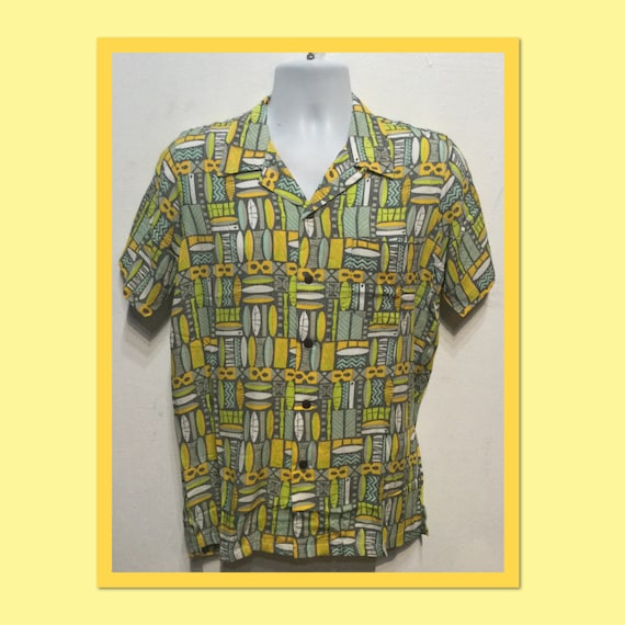 Americana 1950s style rayon atomic / tiki print s… - image 1