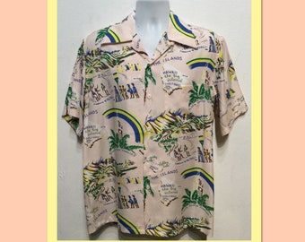 HS305  1940&#39;s vintage reproduction rayon &quot;Aloha Tower Honolulu&quot; Hawaiian shirt by Kona Bay