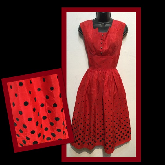 Vintage 1950s red acetate dress with polka dot ve… - image 1