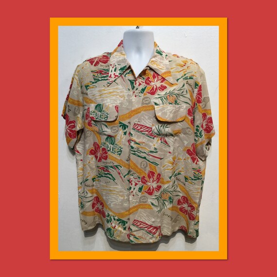Vintage 1940s rayon postcard print Hawaiian shirt.