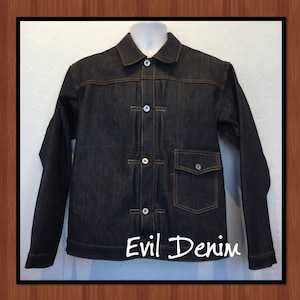 Evil Denim 1930s vintage reproduction indigo buckle back jacket. Currently available in sizes 40, 42, 44, 46, 48 & 50.