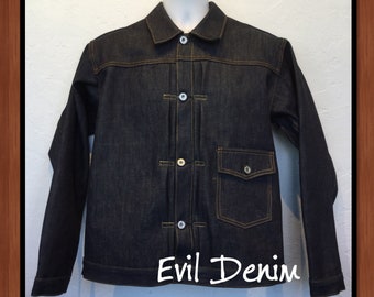 Evil Denim 1930s vintage reproduction indigo buckle back jacket. Currently available in sizes 40, 42, 44, 46, 48 & 50.