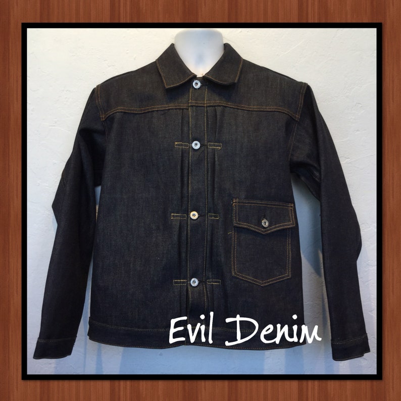 1930s Men’s Coat and Jacket Styles     Evil Denim 1930s vintage reproduction indigo buckle back jacket. Currently available in sizes 40 42 44 46 48 & 50.  AT vintagedancer.com