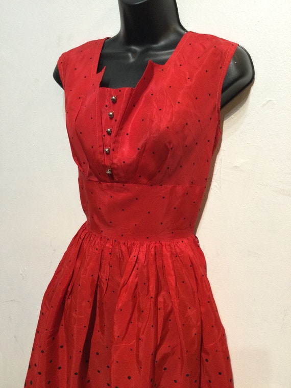 Vintage 1950s red acetate dress with polka dot ve… - image 9