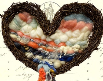 Sunset Wool Weaving in Grapevine Heart Blues and peachy with clouds of White