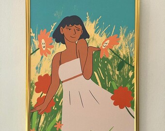 Wydruk artystyczny Bloom – papier A4 250 g/m2, galeria, sztuka ścienna, różowe kwiaty, ogród, kobieta, rysunek ręczny, ogród