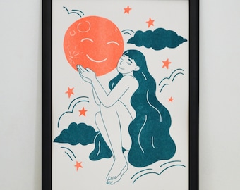 Moon Risograph Print - papier A3 170 g/m2, fluorescencyjny pomarańczowy i turkusowy, sztuka ścienna, przyjazny dla środowiska, niebiański, gwiaździsta noc, marzycielski, minimalistyczny