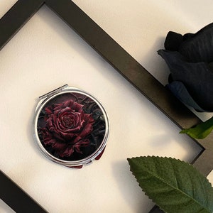 Espejo compacto vintage con diseño floral en forma de rosa gótica: espejo de maquillaje ovalado o cuadrado plateado: regalo único para ella