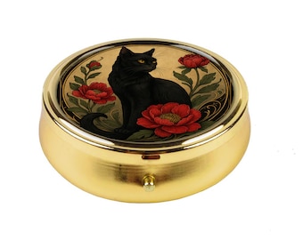 Gothic Black Cat Pill Box with Red Peonies, Art Deco Floral Medicine Case, Pocket Pill Container, Witchy Gift for Her, Cat Lover Gift Idea