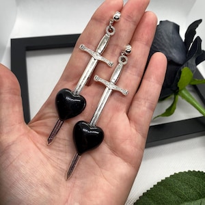 Gothic Sword Earrings With Pierced Heart, Dangle Earrings, Handmade Black Heart Jewelry, Gothic Statement Earrings, Halloween Gift Idea
