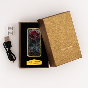 Encendedor eléctrico USB recargable, diseño gótico de rosa roja y espinas, encendedor portátil a prueba de viento, accesorio de regalo único para ella