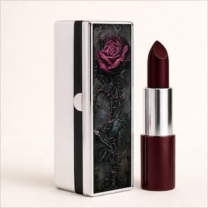 Étui à rouge à lèvres gothique foncé Academia avec organisateur de maquillage en métal rose floral miroir