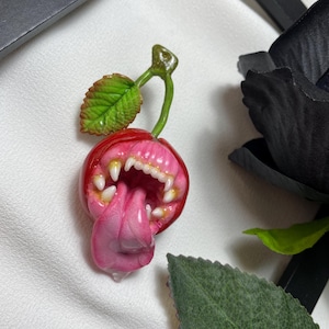 Toothy Cherry Brooch – Handmade Gothic Horror Jewelry, Unique Polymer Clay Accessory, Spooky Vampire Halloween Gift Idea