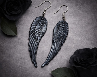 Black Angel Wing Earrings Gothic Statement Jewelry Dark Victorian Dangle Earrings Handmade Polymer Clay Gift for Her