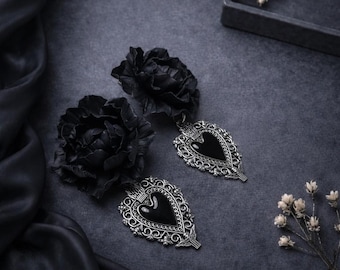 Gothic Peony Heart Earrings, Dark Academia Floral Dangles, Handmade Polymer Clay Jewelry, Victorian Romantic Gift