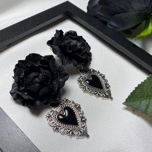 Handmade Gothic Black Peony Dangle Earrings - Unique Polymer Clay Flower Jewelry for Women - Dark Fashion Statement Gift for Her