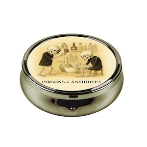 Poisons and Antidotes Gothic Pill Box, Vintage Style Apothecary Skeleton Pocket Pill Case, Dark Medicine Box, Skull Compact Travel Organizer