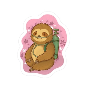 May include: A sticker featuring a cartoon sloth with brown fur, wearing a green backpack and oxygen tube. The sloth is smiling. A green oxygen tank is attached to the backpack. The background is a pink shape with floral accents.