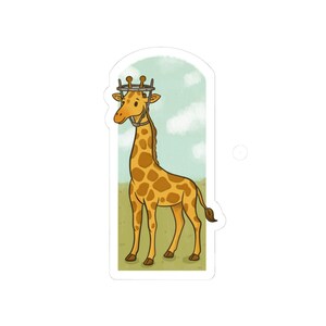 May include: A whimsical sticker featuring a giraffe with a metal headpiece. The giraffe has a tan coat with brown spots, standing on green grass against a light blue sky with white clouds. The sticker has a white border.