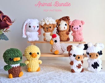 May include: A set of nine no-sew crochet animal patterns. The patterns include a duck, chick, chicken, bunny, lamb, horse, pig, and two cows. The patterns are all in PDF format.