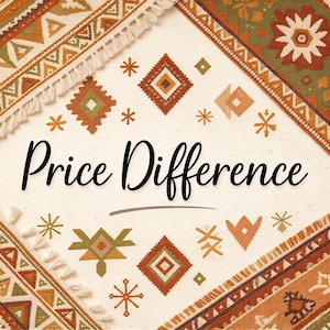 Może przedstawiać: Kremowe tło zawiera napis Price Difference czcionką odręczną. Rogi są obramowane tkanymi materiałami z frędzlami, prezentującymi geometryczne wzory w odcieniach pomarańczu, oliwkowej zieleni i bieli, z małymi motywami w kształcie gwiazdek.