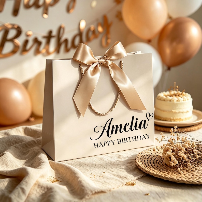 Może przedstawiać: Kremowa torebka prezentowa z dużą, pasującą satynową kokardą. Na torebce nadrukowano imię Amelia oraz napis HAPPY BIRTHDAY czcionką pisankową i bezszeryfową, a także małą ikonę serca.