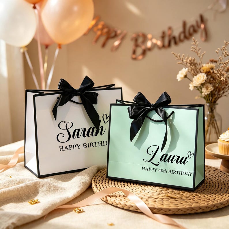 Może przedstawiać: Dwie prostokątne torebki prezentowe z czarnymi kokardami. Biała torebka ma czarny napis Sarah HAPPY BIRTHDAY i serce. Jasnozielona torebka ma czarny napis Laura HAPPY 40th BIRTHDAY i serce. Obie torebki mają czarne krawędzie.
