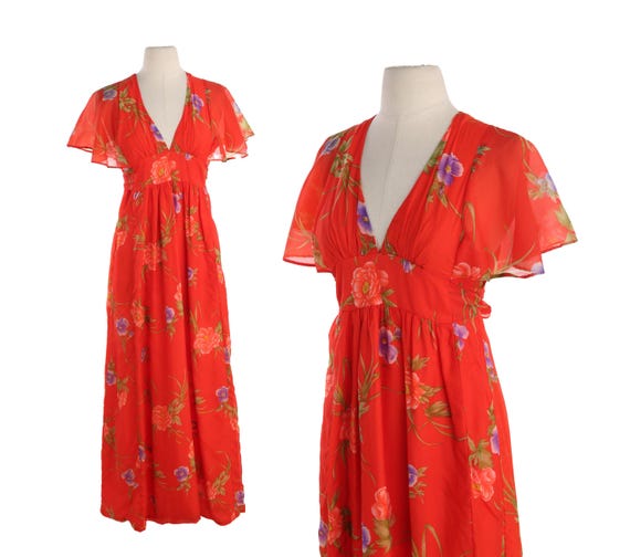 70s red floral print poly summer dress - image 1