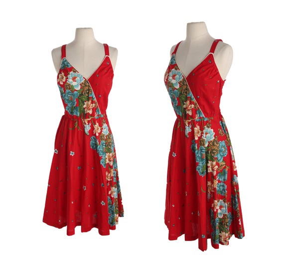 1970s women red floral print summer dress - image 1