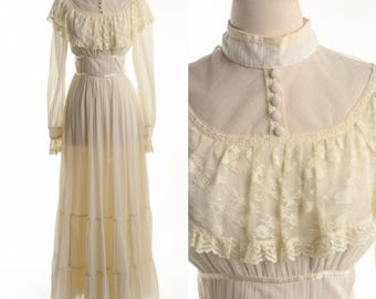 Vestido estilo pradera vintage / estilo gunne sax / encaje / beige / manga larga / cinturón / años 70