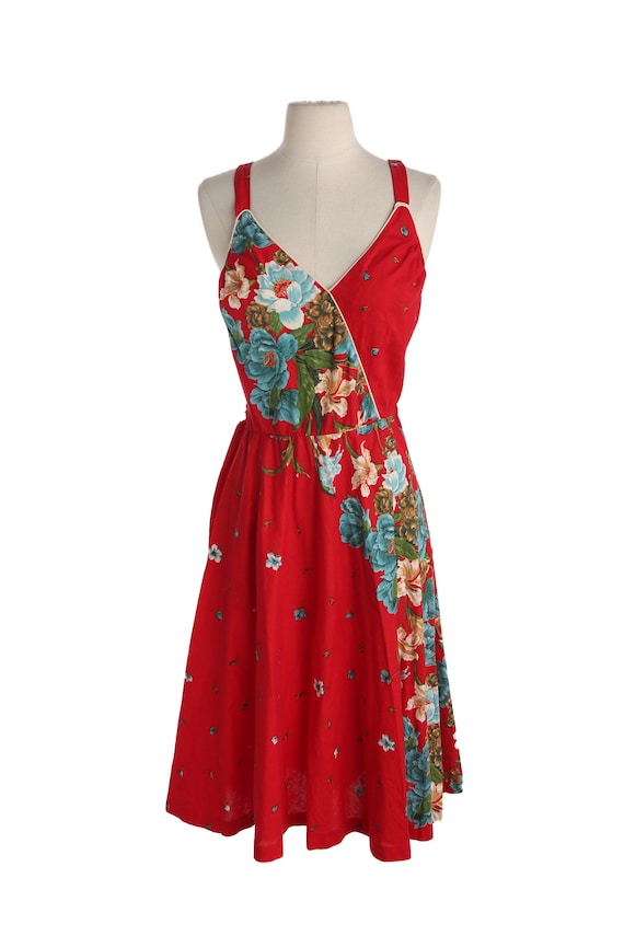 1970s women red floral print summer dress - image 2